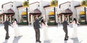 photography of bride and groom dancing after getting married at the boathouse disney springs