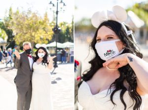 photo of wedding couple wearing masks in the sunshine at disney springs