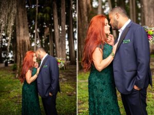 wedding couple bride with a red hair and green dress at kraft azalea garden in winter park