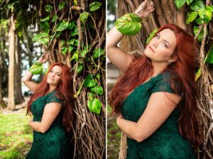 woman with red hair in front of wild monstera plant and vines at kraft azalea garden