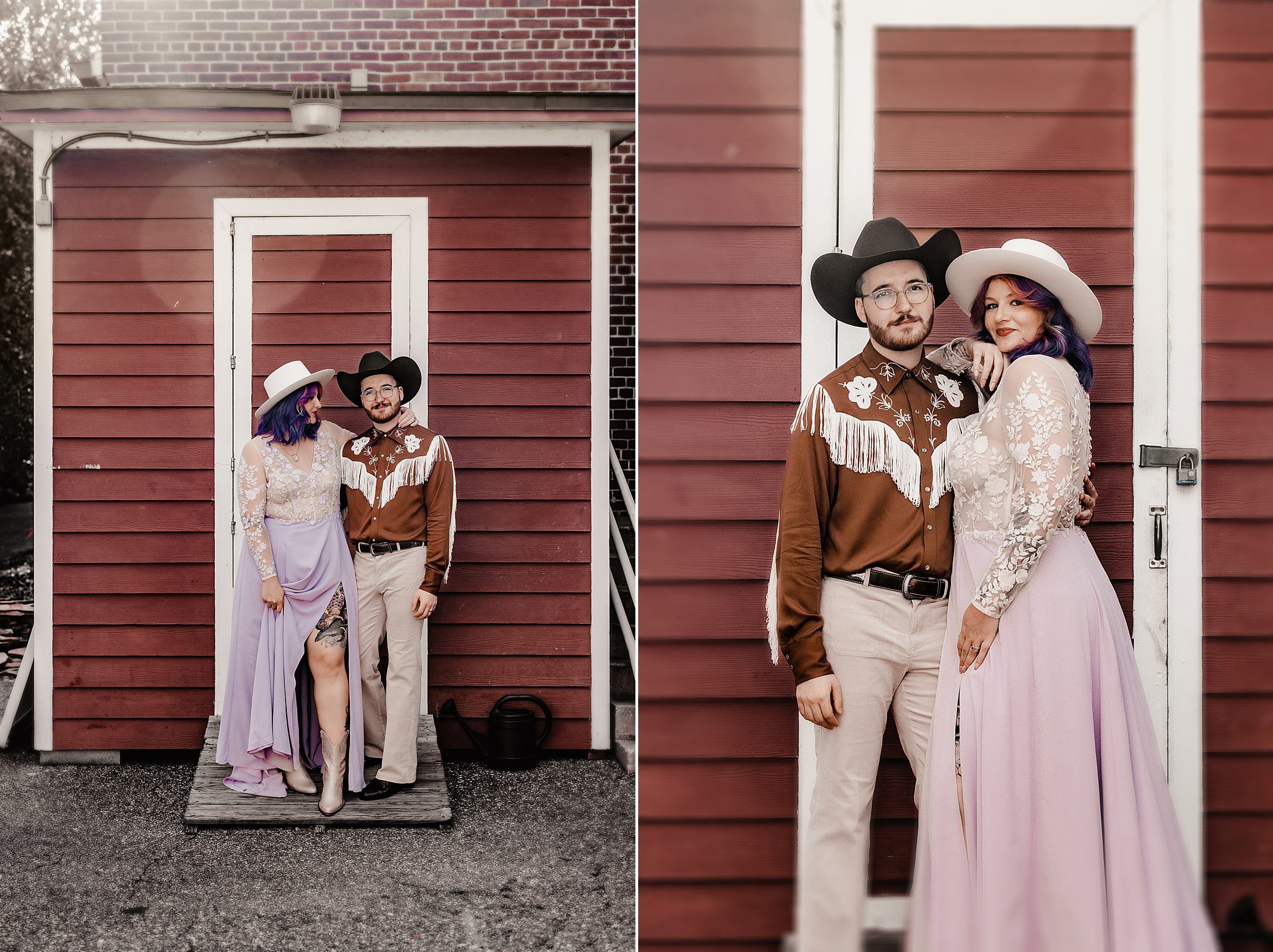 Newly married couple in cowboy and cowgirl outfits standing in front of a red barn in florida