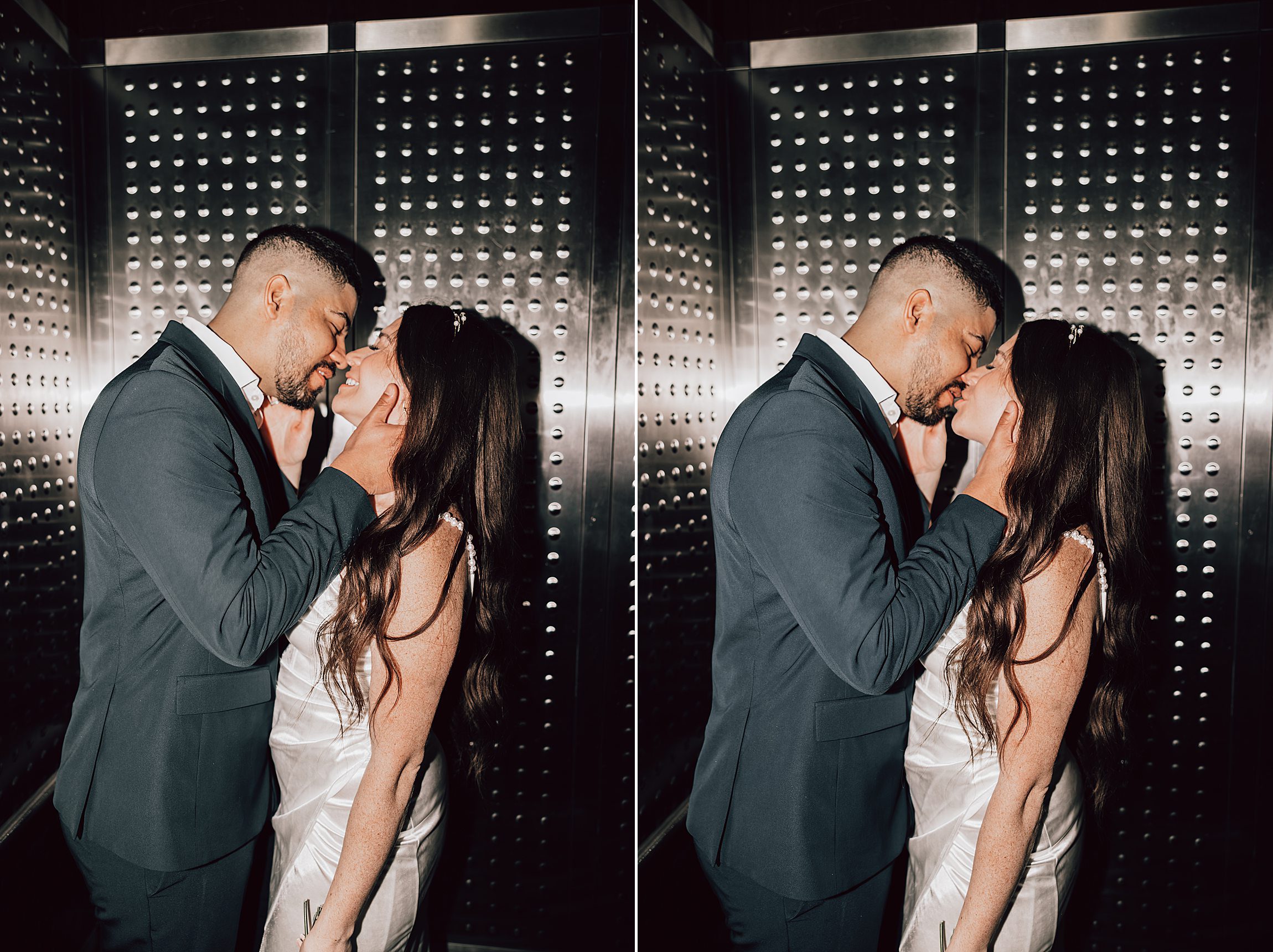 couple kissing inside an elevator after getting married at the orange county courthouse in downtown orlando
