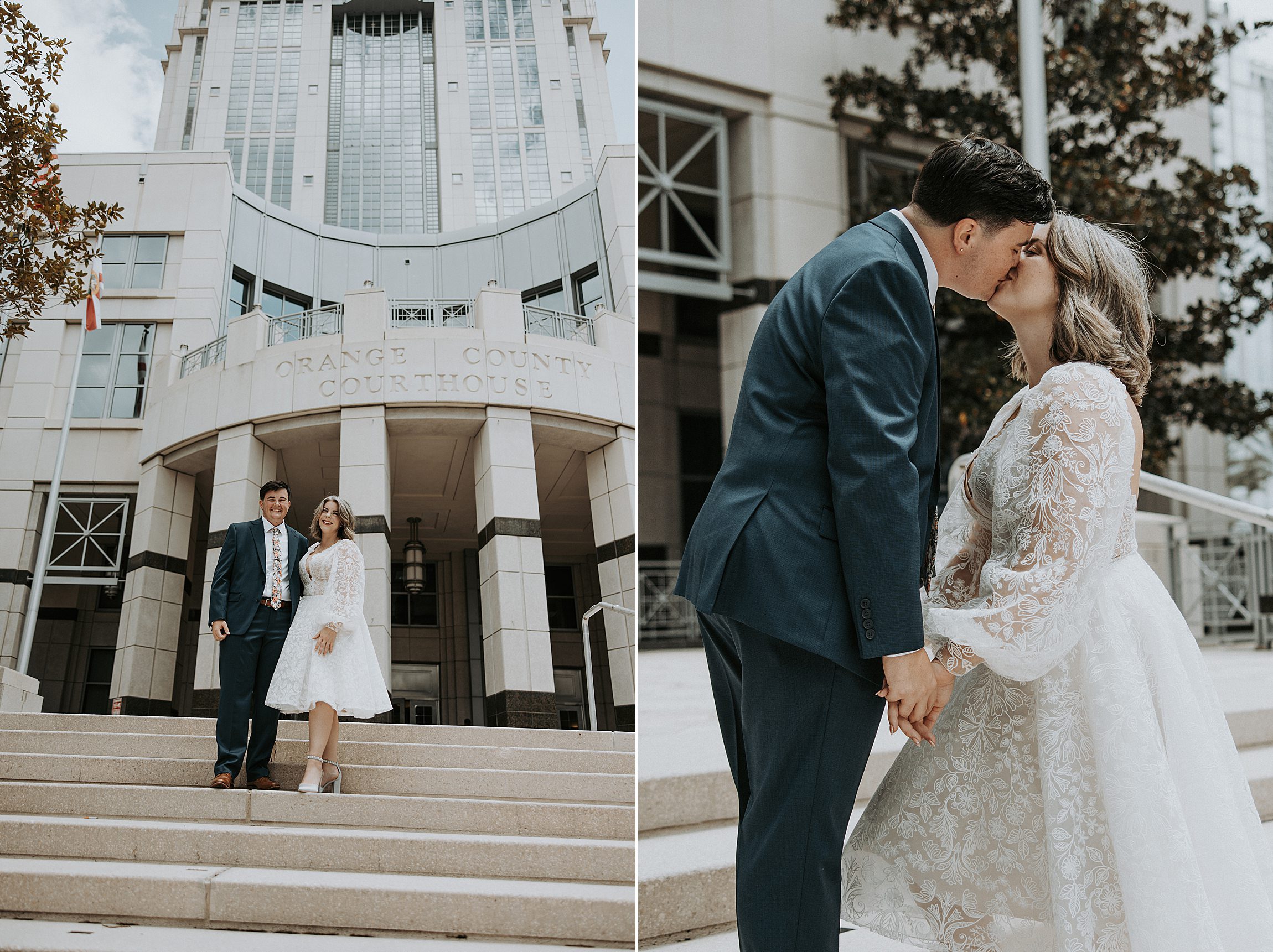couple kissing in front of the orange county courthouse in downtown orlando before their elopement