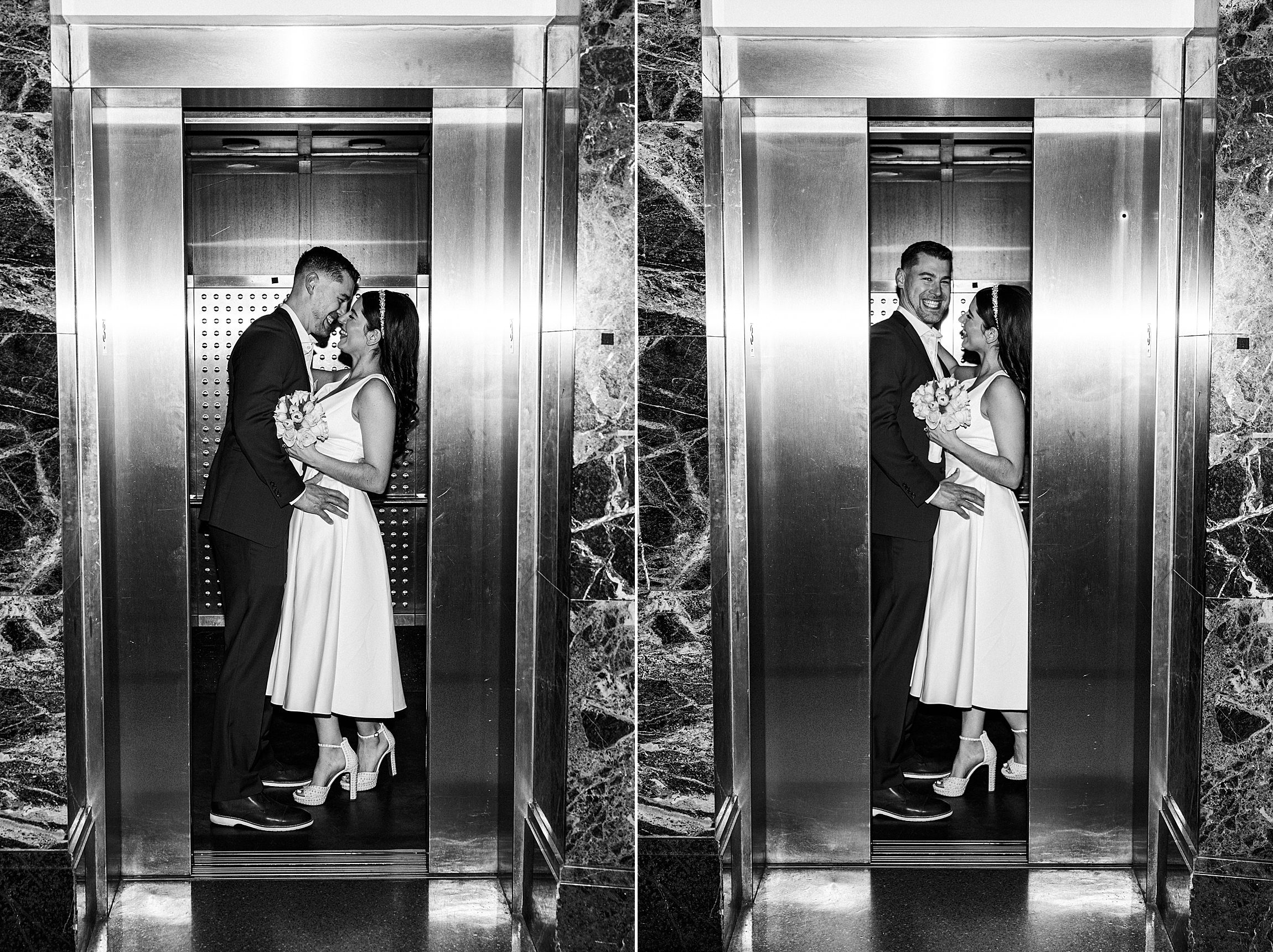 couple in the elevators of the orange county courthouse in downtown orlando after their micro wedding