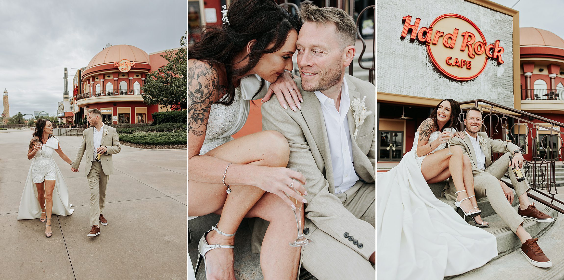 couple posing around citywalk and the hard rock cafe in orlando after their micro wedding