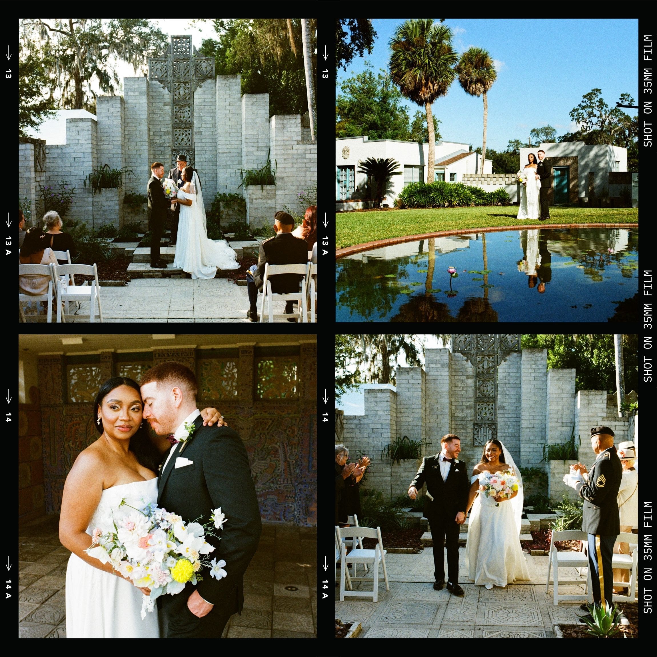 35mm film strip with four photos of a couple's micro wedding at Maitland Art and History Center captured by Gracie May Photography