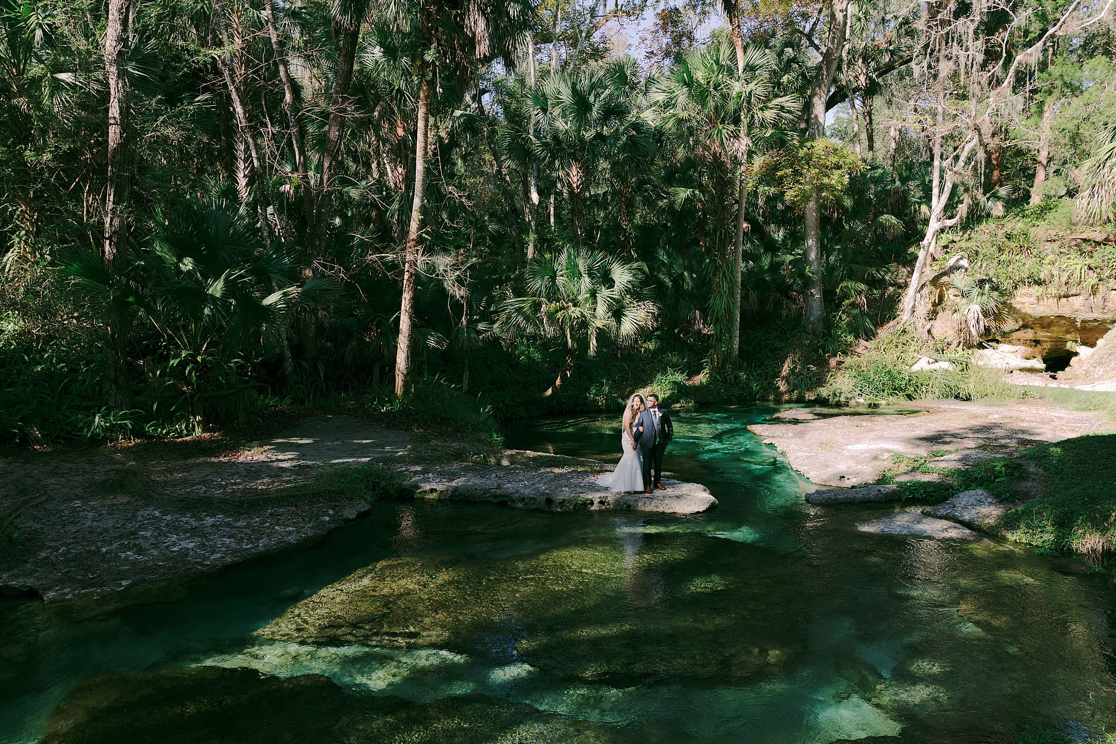 bride and groom during their intimate elopement in front of trees and the river at Kelly Park Rock Springs in Apopka Florida