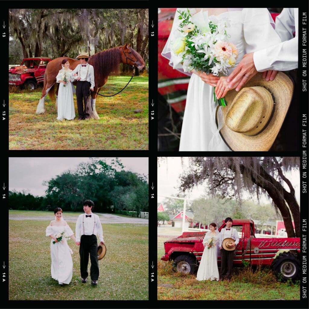 4 photos shot on film of a bride and groom in a wedding dress and western wear at Horsepower Ranch in Geneva, Florida, captured by Gracie May Photography