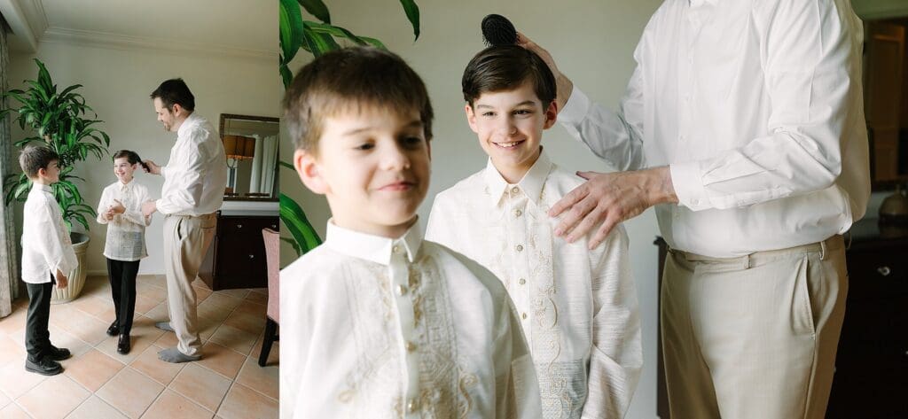 groom helps his sons get dressed in their Filipino Barong Tagalog at the Loews Portofino Bay Hotel at Universal Orlando, captured by Gracie May Photography