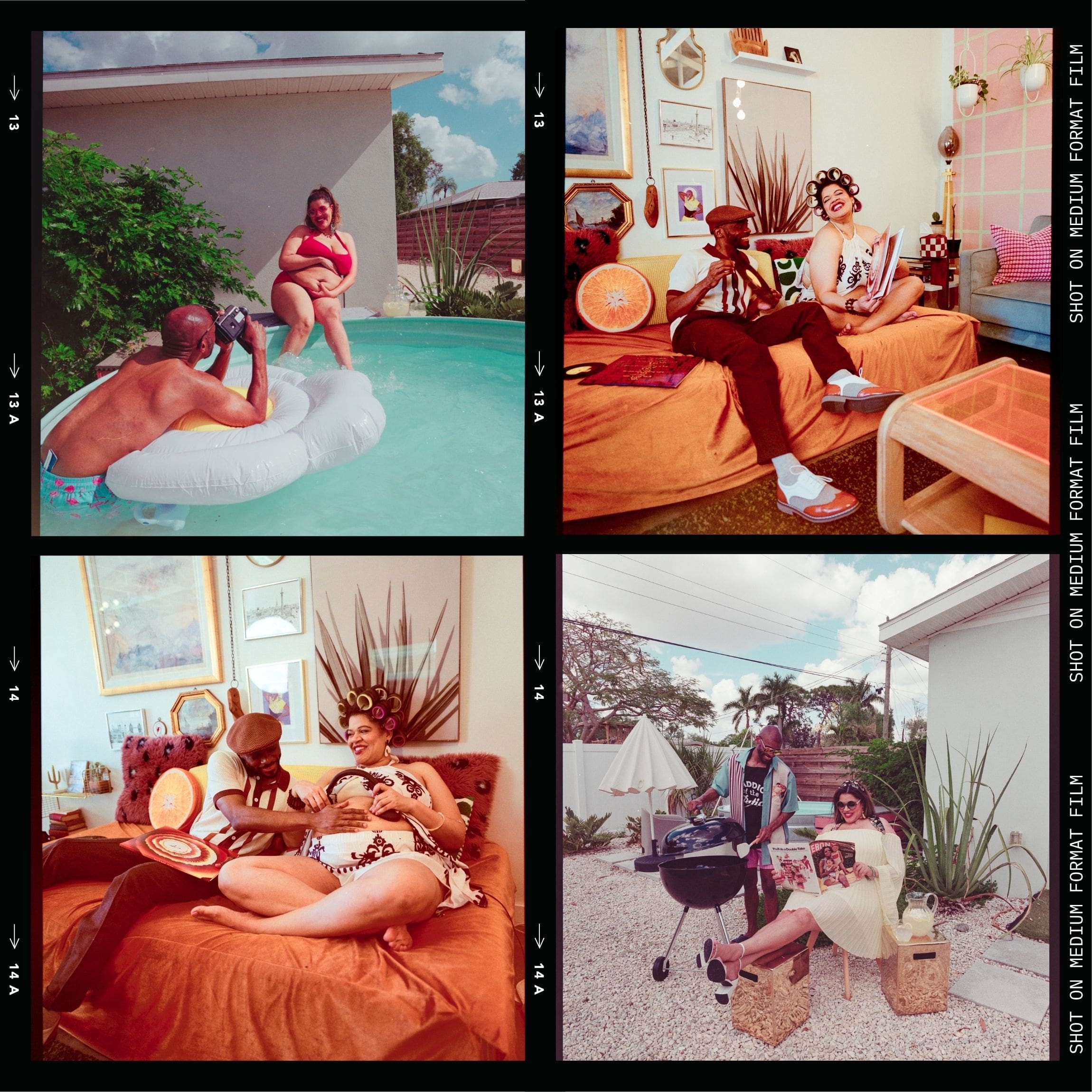 4-photo film strip of a pregnant woman and man posing naturally and candidly during their retro lavender pregnancy maternity photoshoot captured by Gracie May Photography