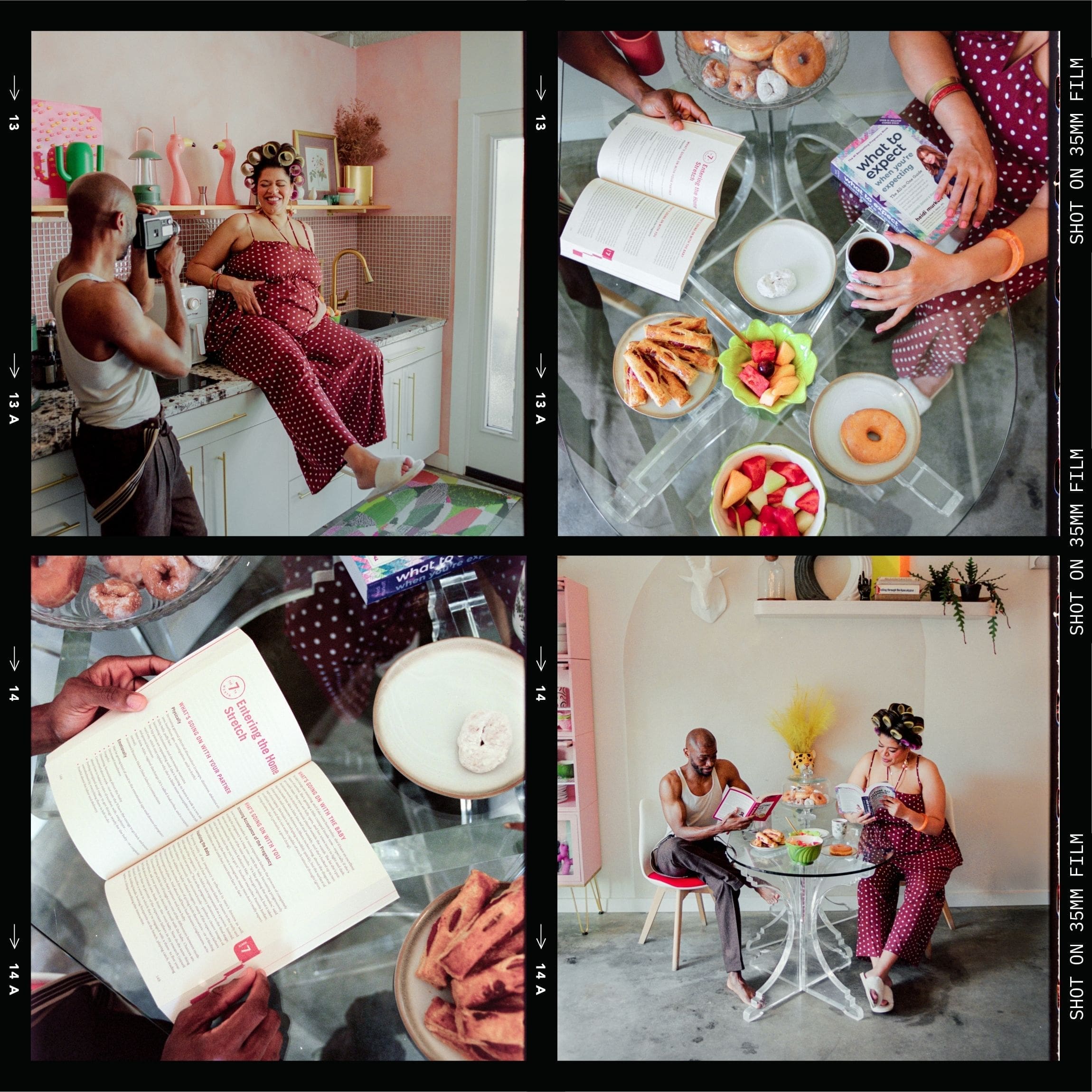 4-photo film strip of a pregnant woman and man posing naturally and candidly during their retro lavender pregnancy maternity photoshoot captured by Gracie May Photography