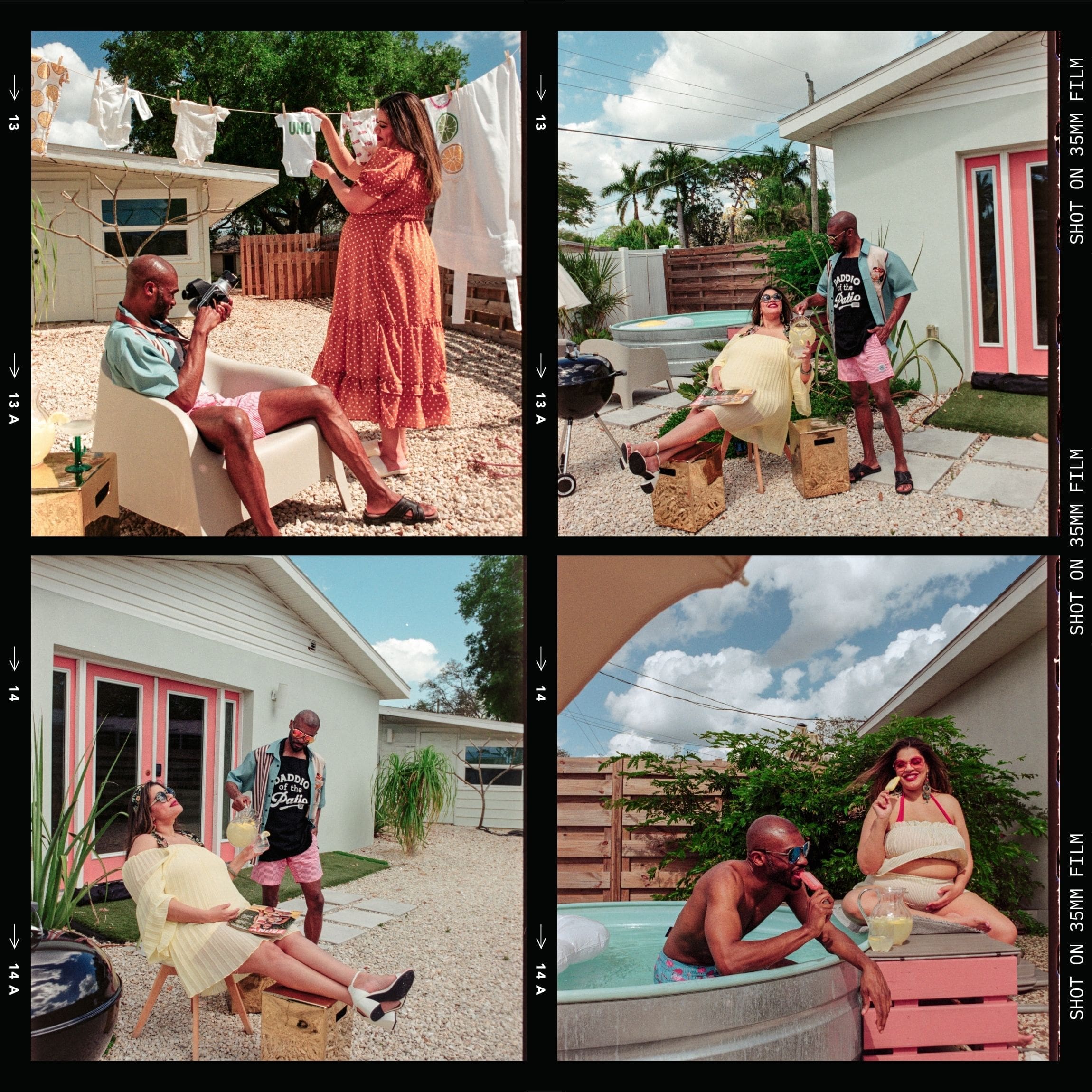 4-photo film strip of a pregnant woman and man posing naturally and candidly during their retro lavender pregnancy maternity photoshoot captured by Gracie May Photography