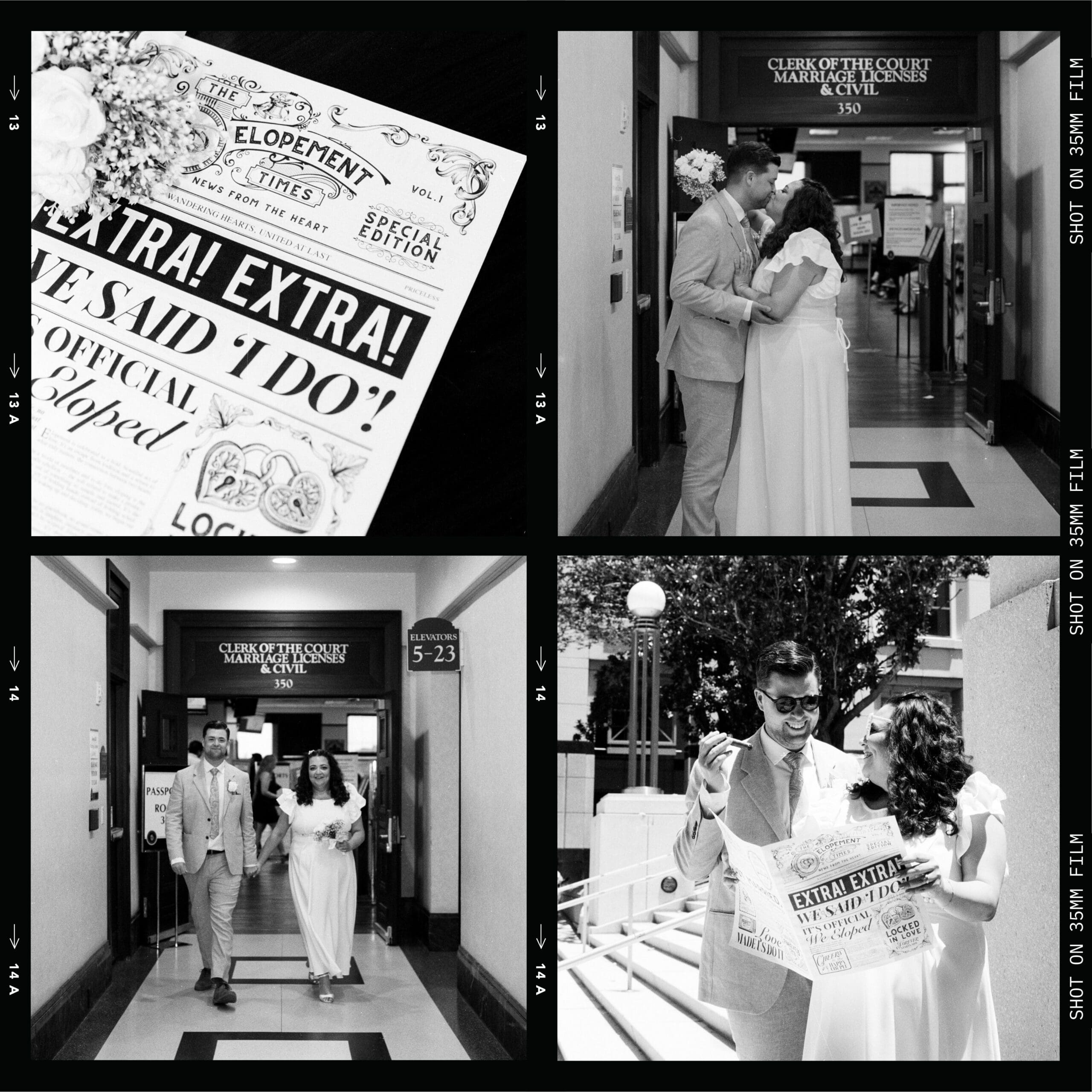 a grid showing film photography done for a couple getting married at the downtown orlando orange county courthouse