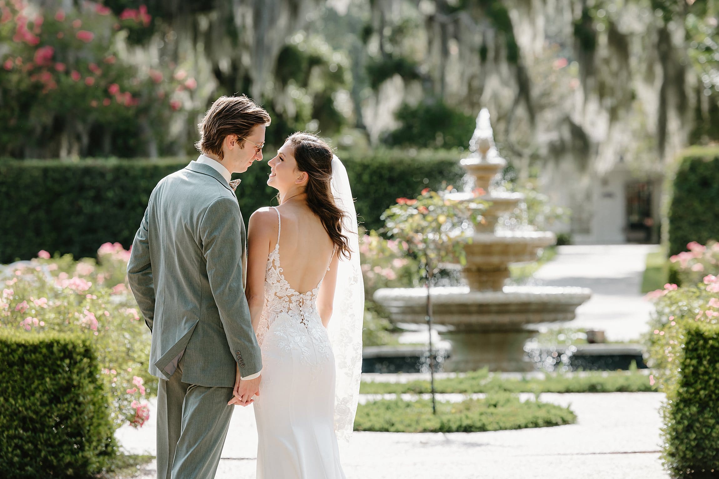 bride and groom portrait at their nano wedding at Harry P. Leu Gardens in Orlando, captured by micro wedding photographer Gracie May Photography.