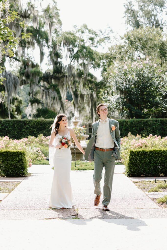 bride and groom portrait at their nano wedding at Harry P. Leu Gardens in Orlando, captured by micro wedding photographer Gracie May Photography.