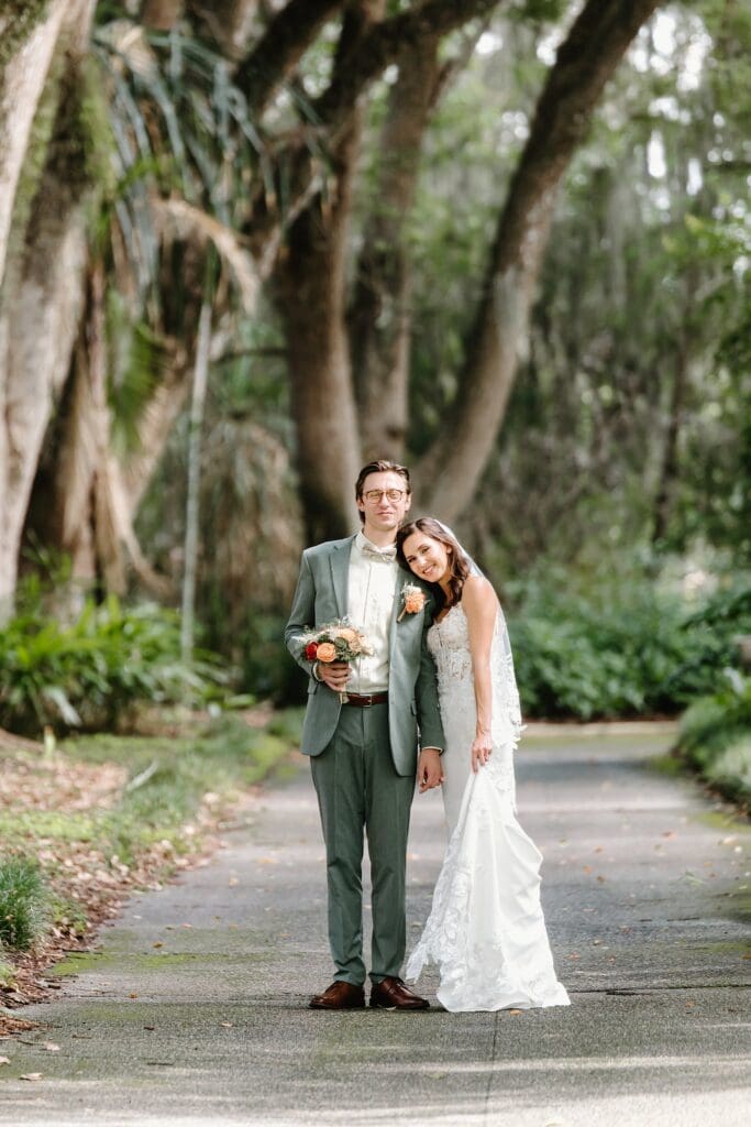 bride and groom portrait at their nano wedding at Harry P. Leu Gardens in Orlando, captured by micro wedding photographer Gracie May Photography.