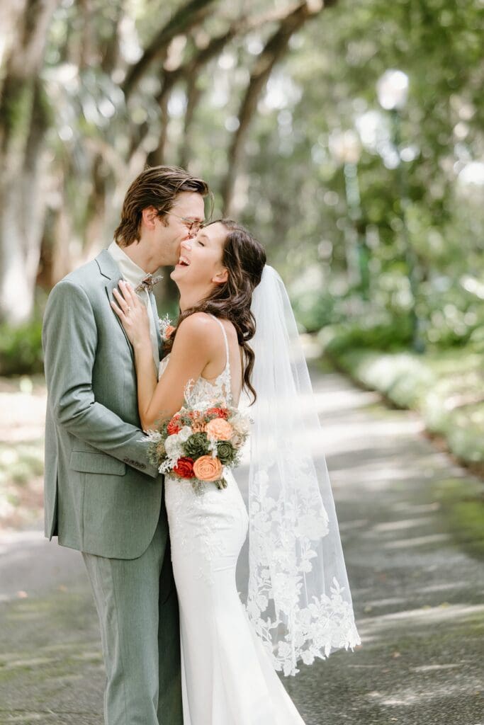 bride and groom portrait at their nano wedding at Harry P. Leu Gardens in Orlando, captured by micro wedding photographer Gracie May Photography.