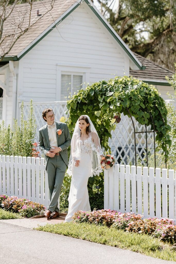 bride and groom portrait at their nano wedding at Harry P. Leu Gardens in Orlando, captured by micro wedding photographer Gracie May Photography.
